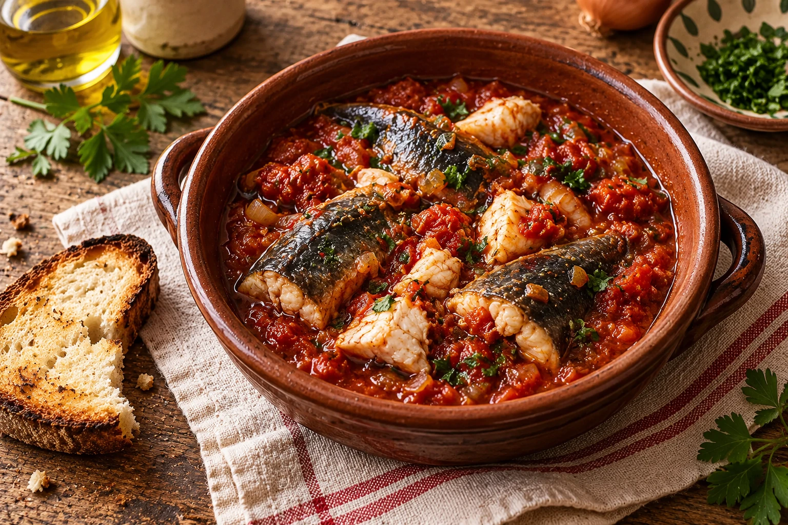 Mixed freshwater fish in tomato broth in a terracotta pot.