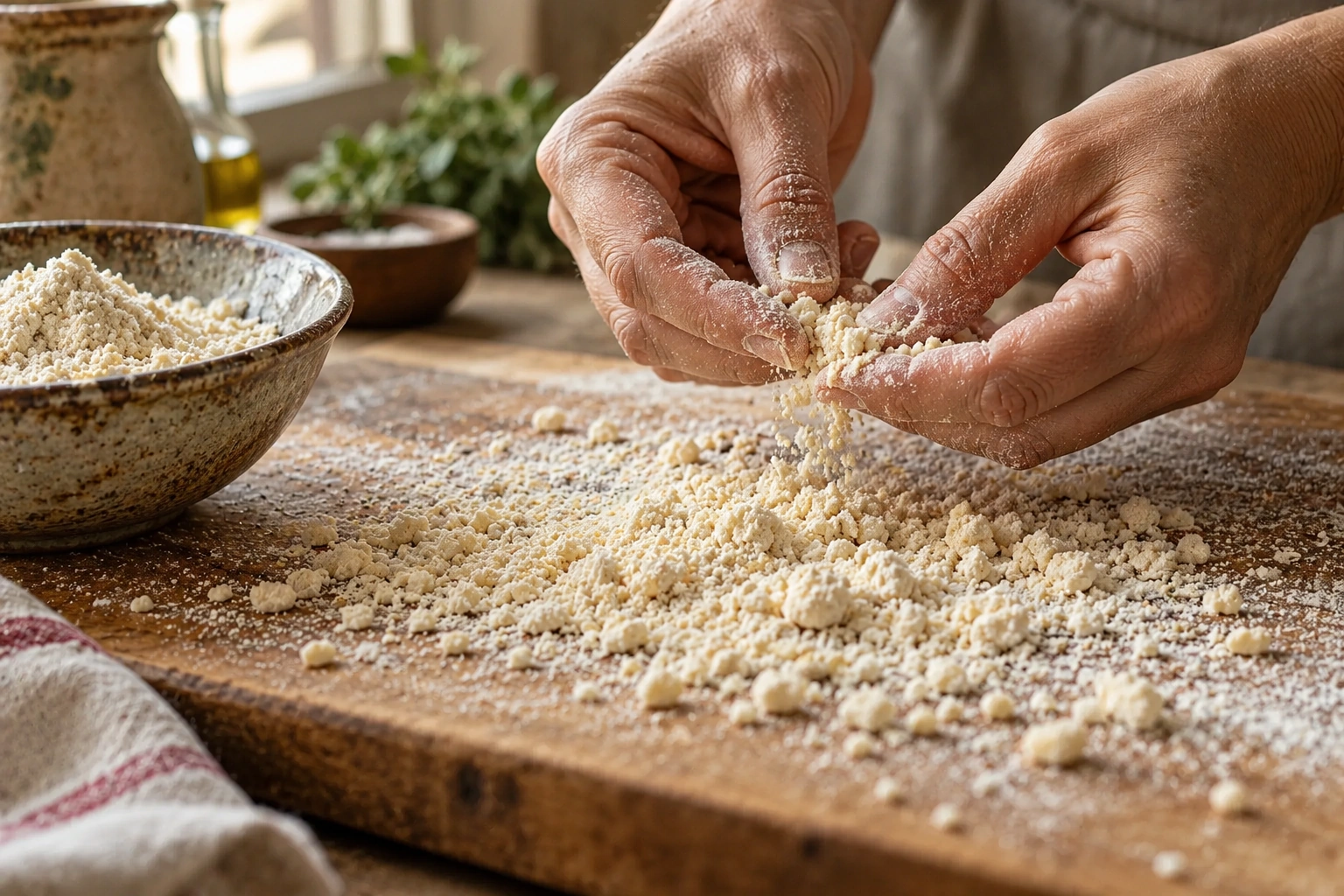Hands forming small crumbs from damp flour on a board.