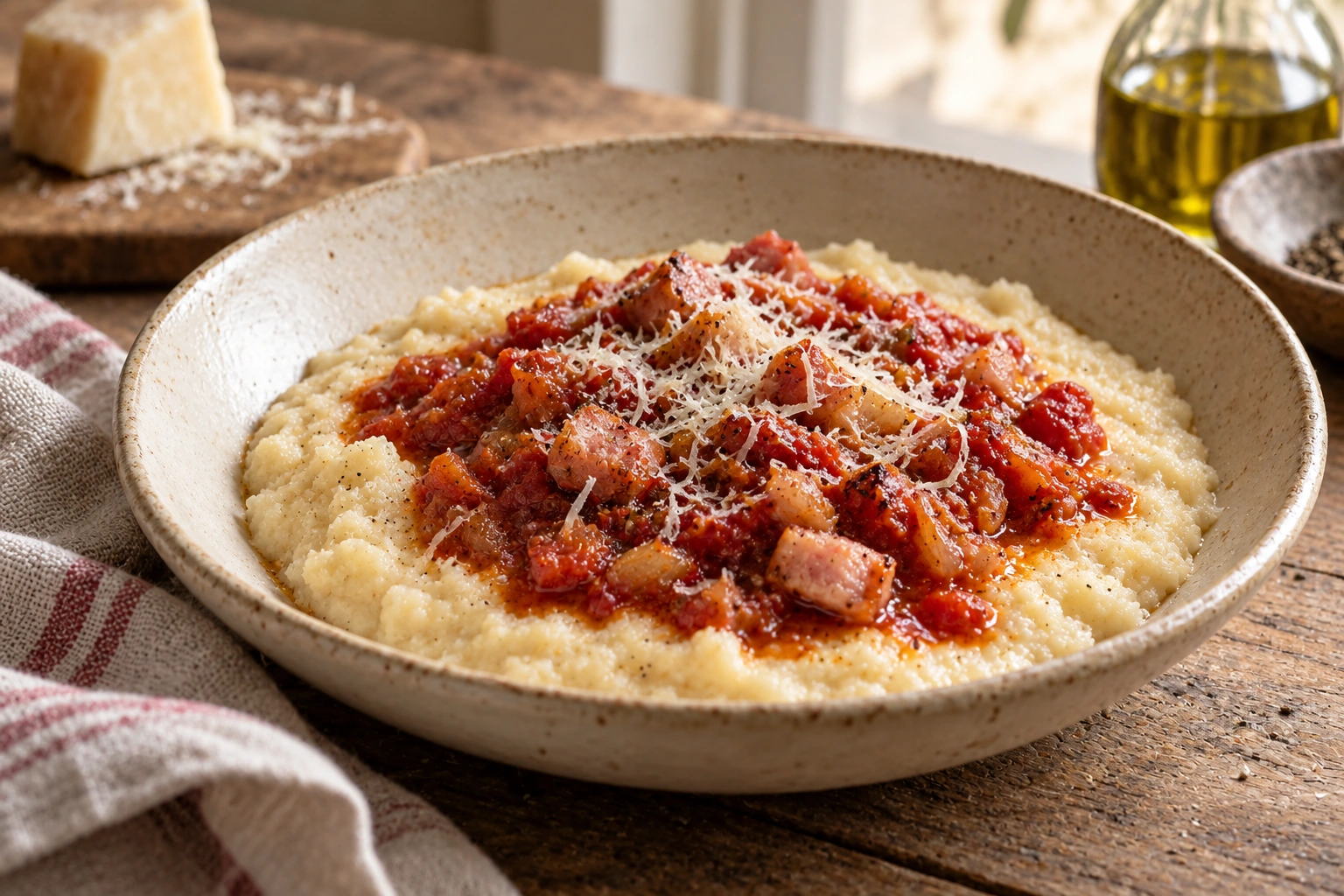 Soft wheat-flour frascarelli with tomato, pancetta and pecorino.