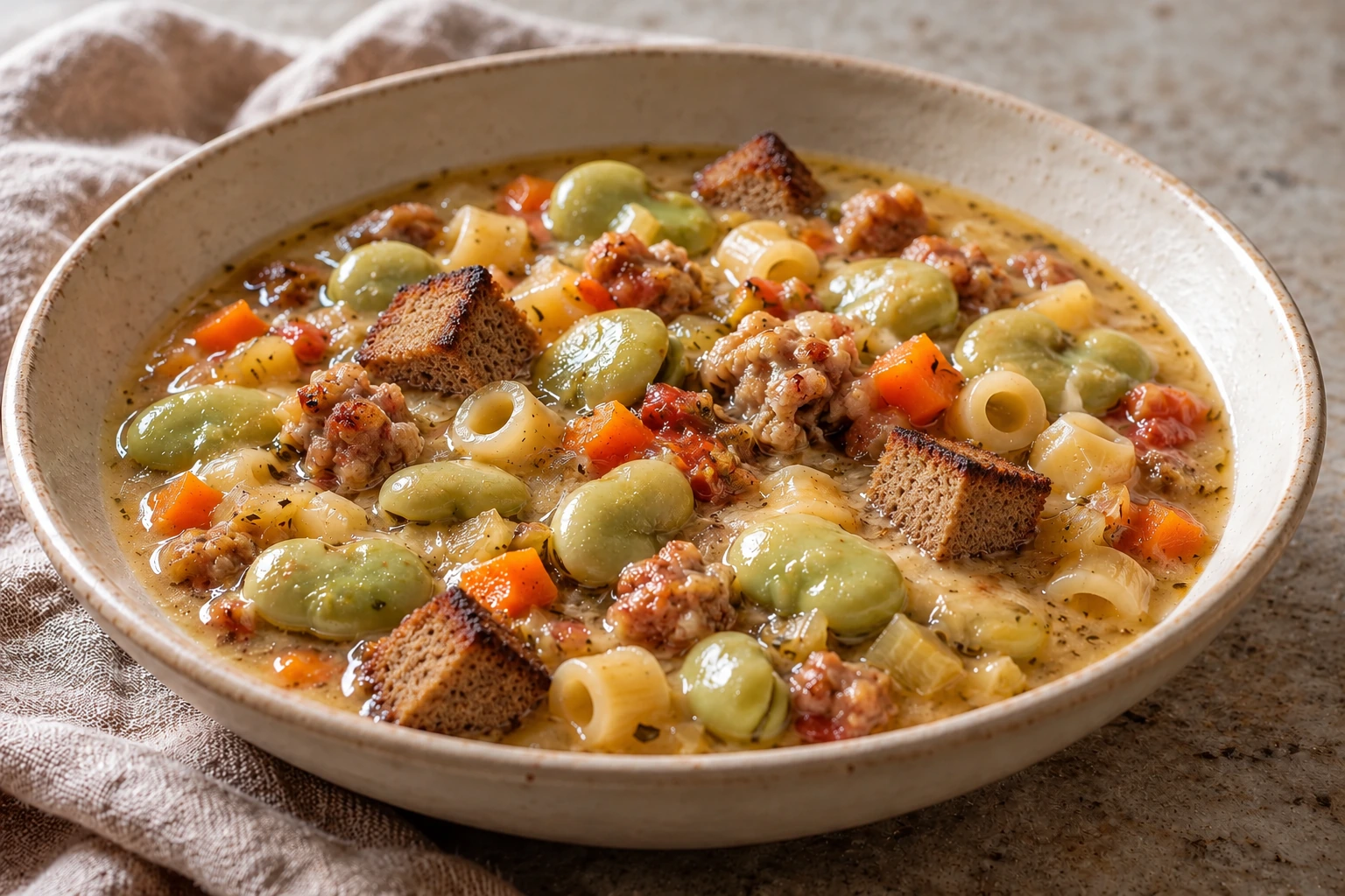 Thick favò with broad beans, short pasta, sausage and toasted rye bread.