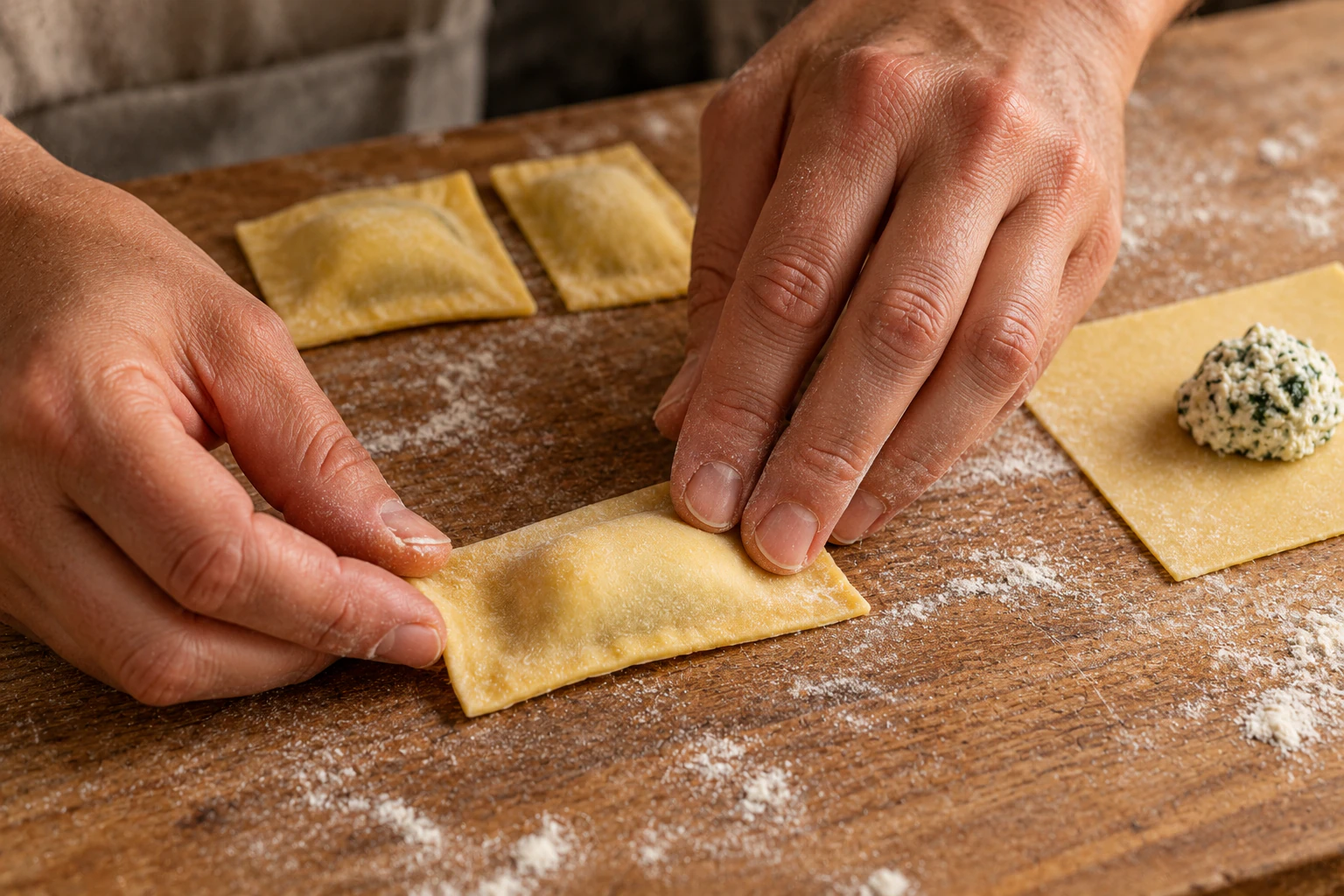 Fingertips pressing the edges of a rectangular tortello around its ricotta and herb filling.