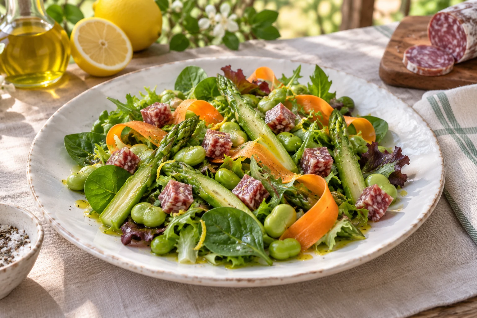 Spring salad with Salame di Varzi, fava beans and asparagus