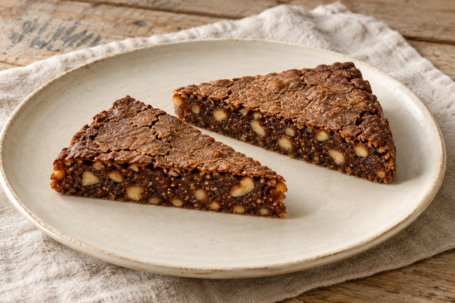 Two low slices of frustingo with dense fig paste and pieces of nuts.