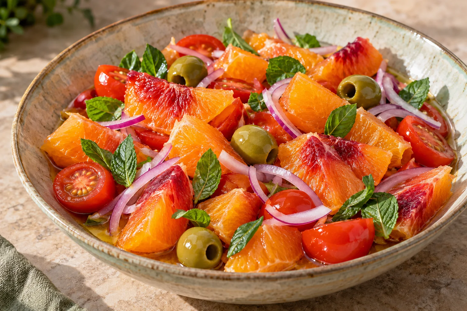 Sicilian orange salad with tomatoes, red onion, green olives and herbs