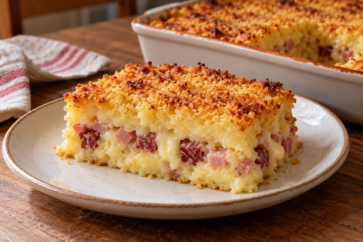 A slice of potato gattò with ham, salame and Caciocavallo beneath a golden crust