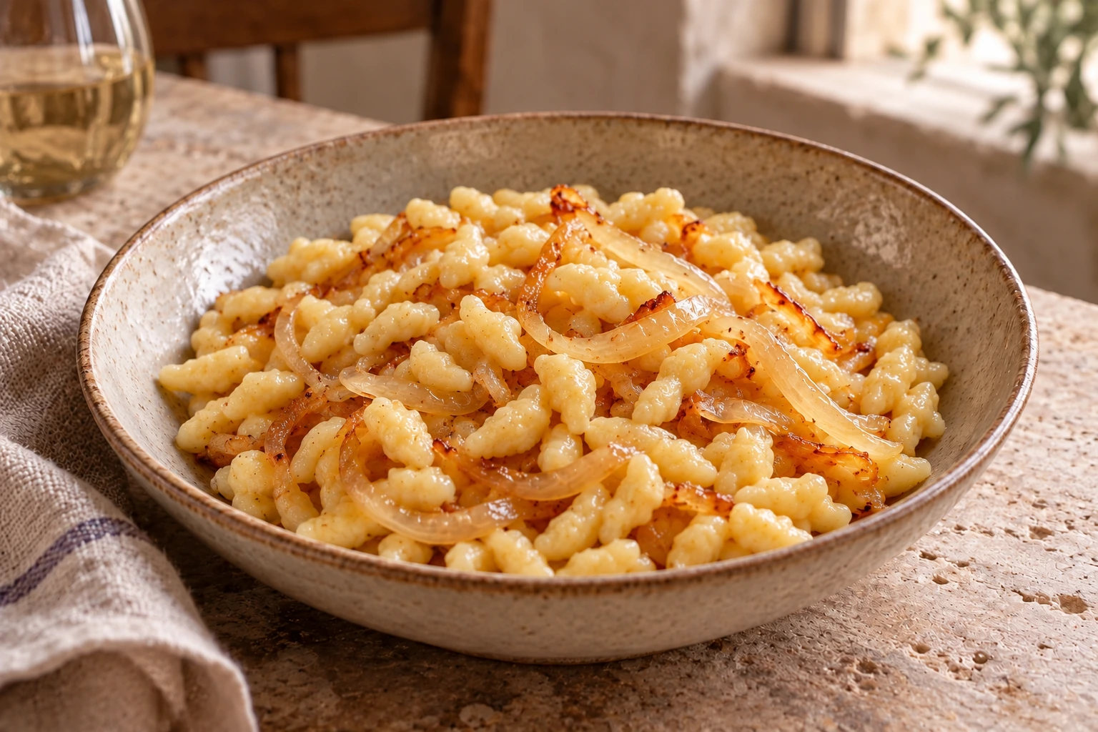 Small chnefflene batter dumplings with onions and butter.