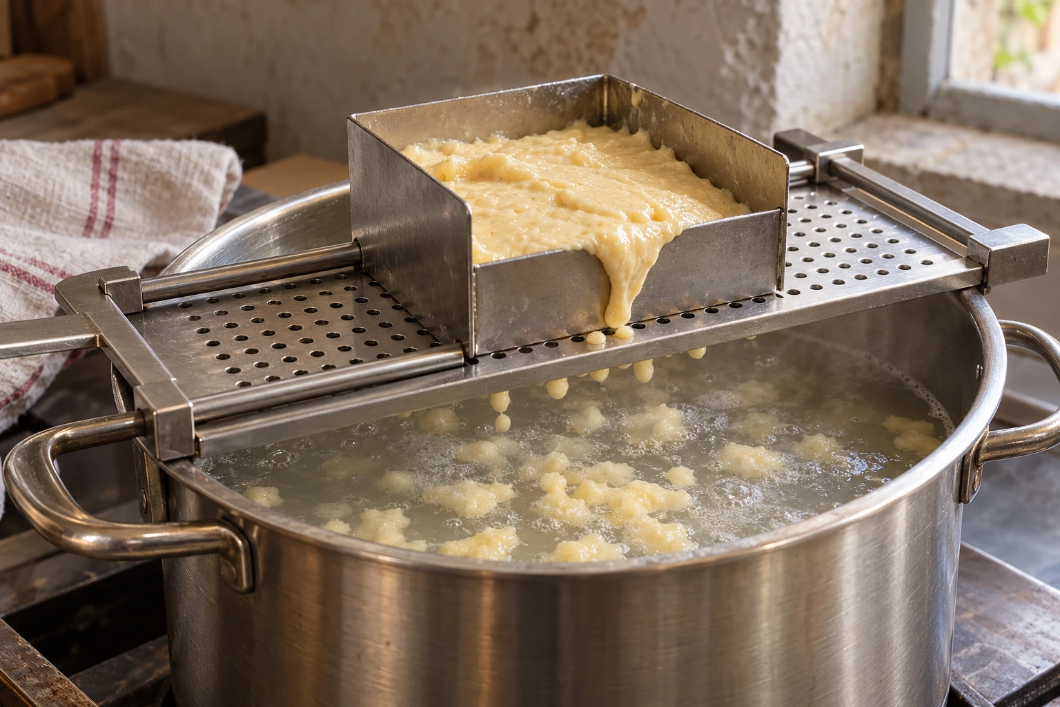 Thick chnefflene batter in a sliding metal hopper over a perforated plate resting across a pot.