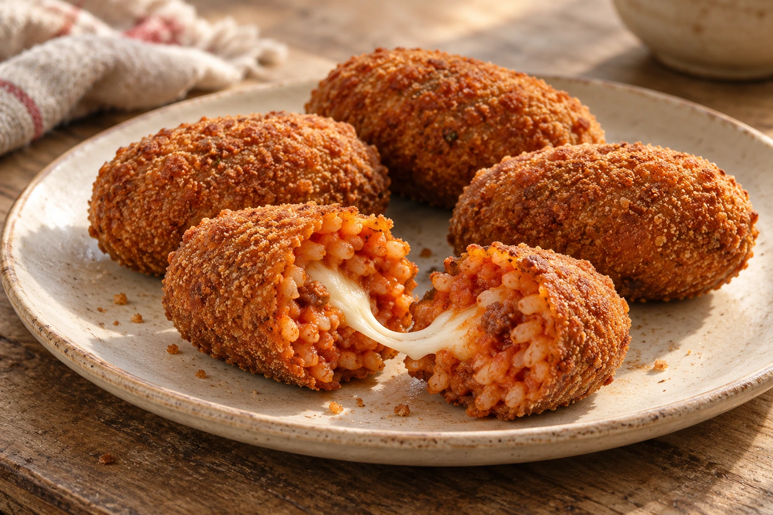 Oval rice croquettes with tomato ragù and melted mozzarella.