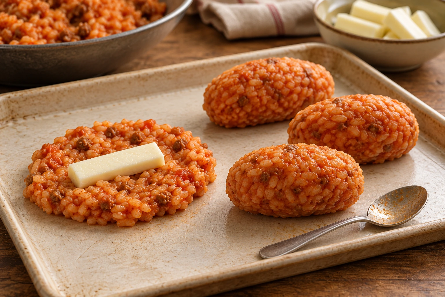 Tomato-ragù rice around mozzarella, with closed ovals ready for coating.
