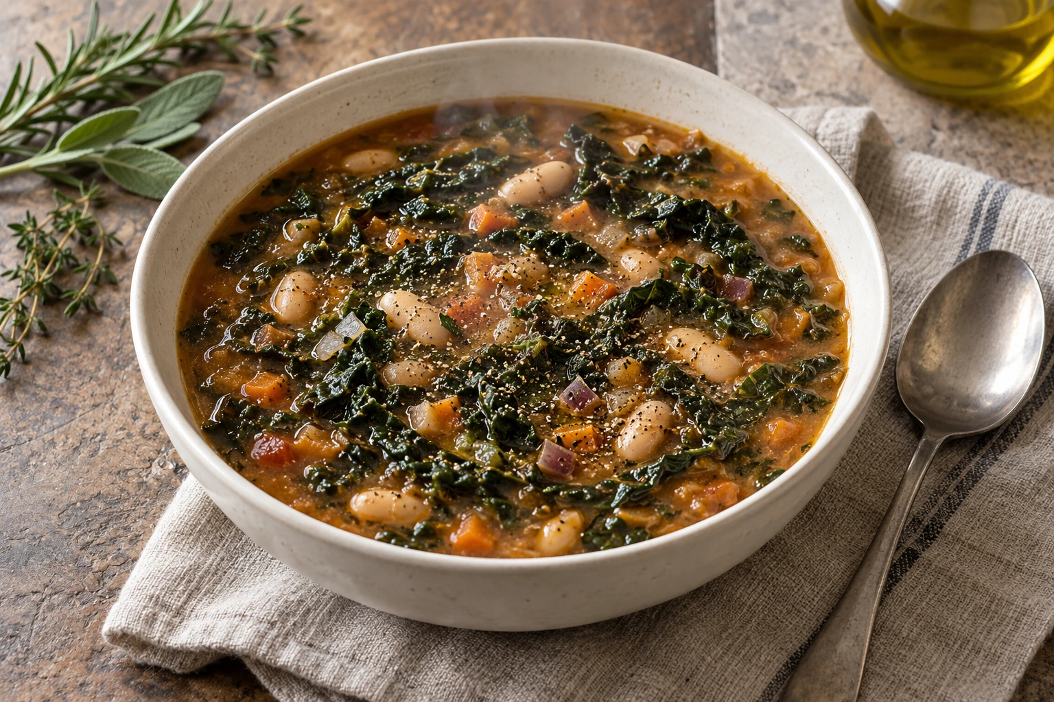 A bowl of thick Tuscan soup with dark cavolo nero leaves, cannellini beans, carrot, onion, olive oil and black pepper.