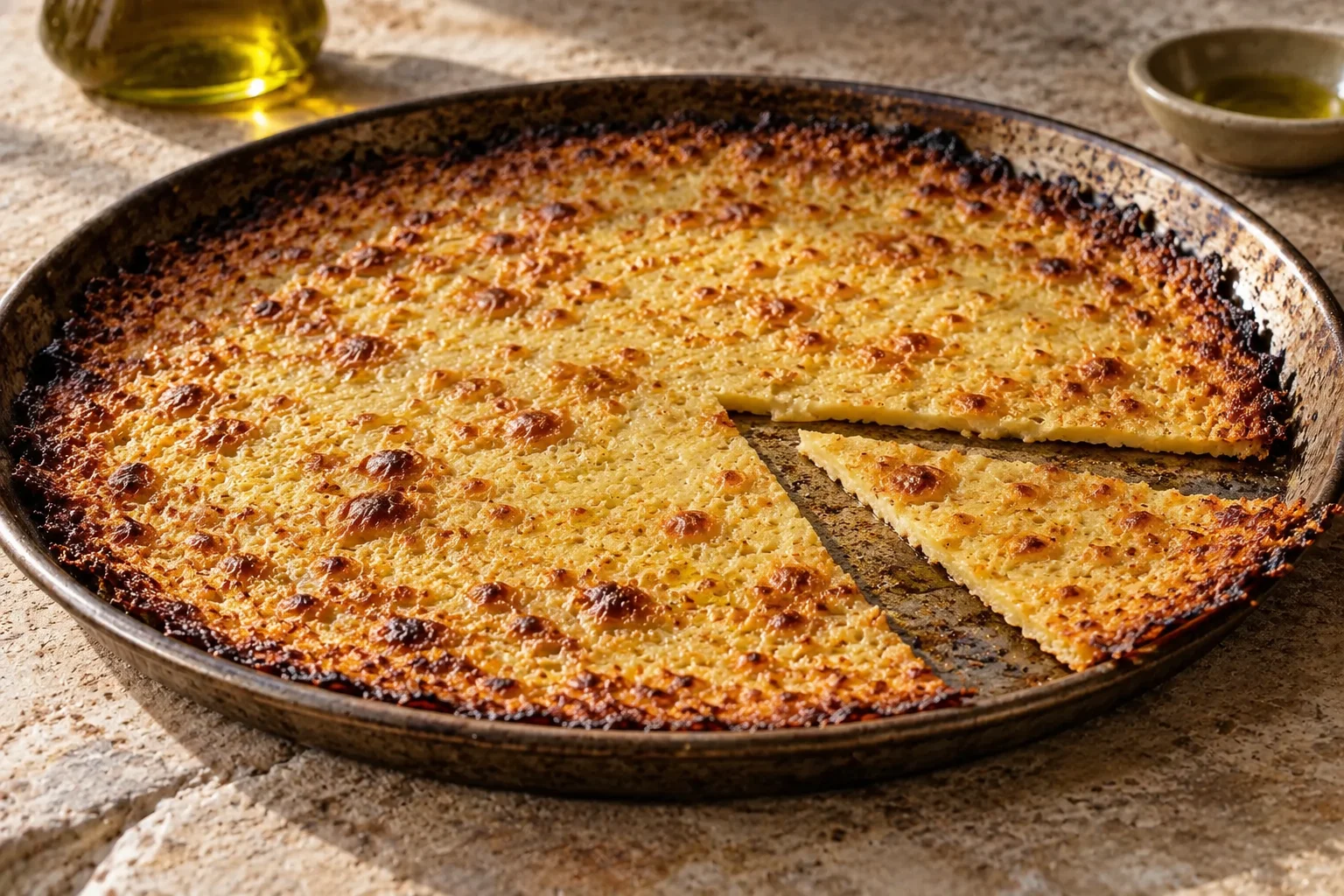 Thin golden farinata with crisp edges.
