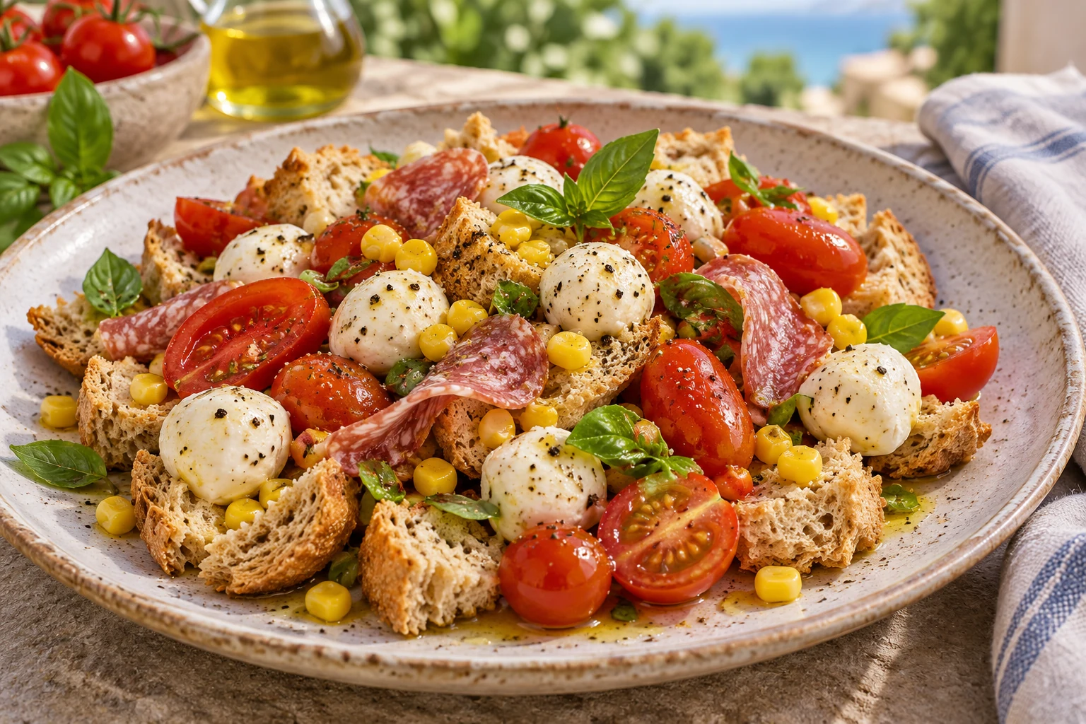 Acquasale with tomatoes, buffalo mozzarella and Salame Felino