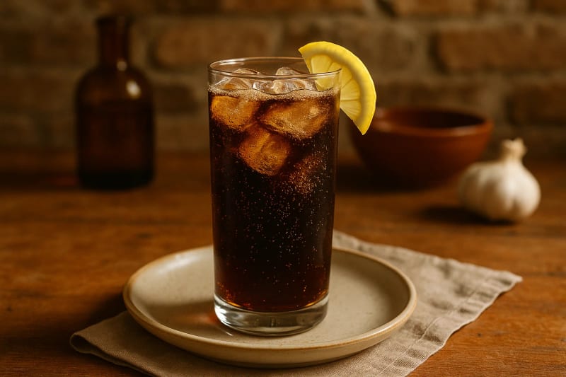A Ferrari poured tall over ice, the Fernet-Branca and cola dark and lively with fine bubbles, a lemon wedge bright on the rim.