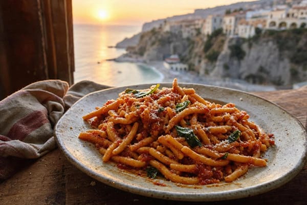 Fileja alla nduja piled on a rustic plate, hand-rolled spirals in glowing brick red sauce with pecorino and basil, Tropea cliffs and sunset sea beyond.