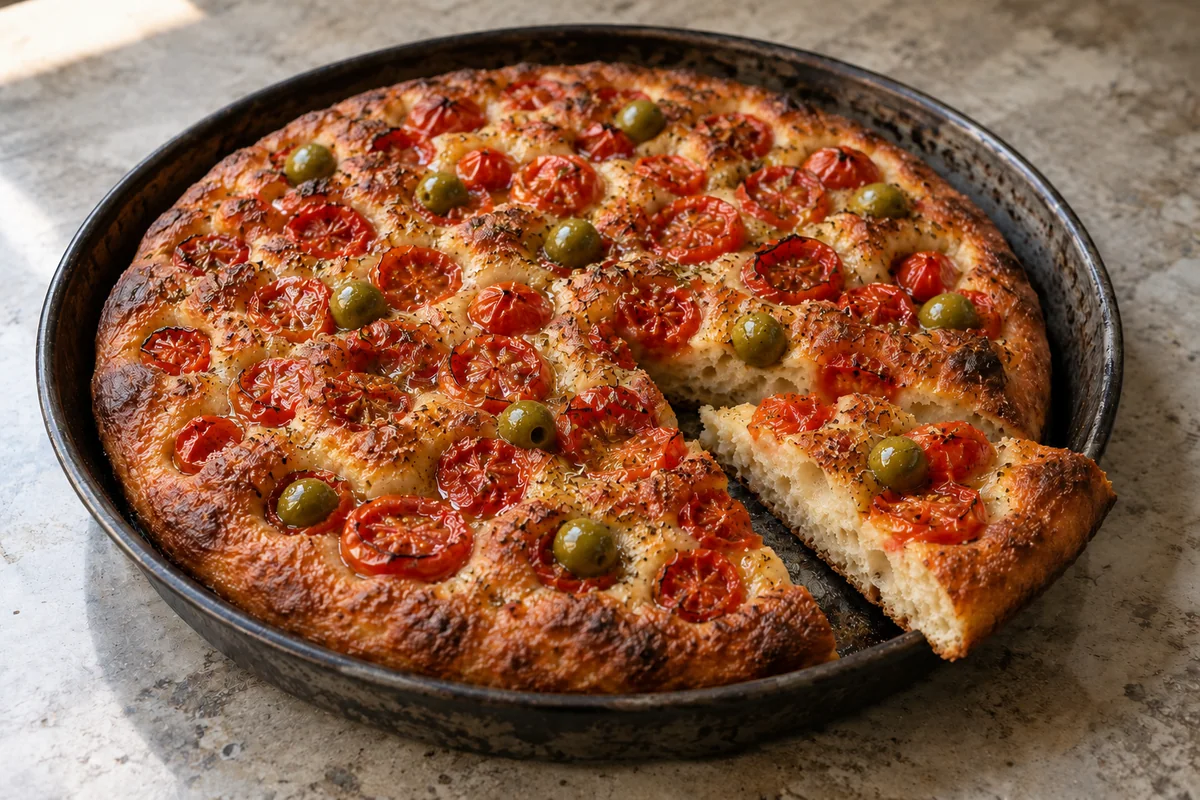 A round, deeply golden focaccia topped with cherry tomatoes, green brined olives, dried oregano and olive oil, with a soft airy crumb visible at the cut edge.