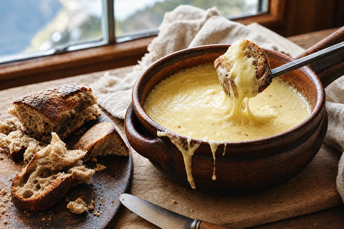 Fonduta valdostana in an earthenware pot by a window, a crust of bread lifting long ribbons of molten Fontina, torn loaf waiting on the board.