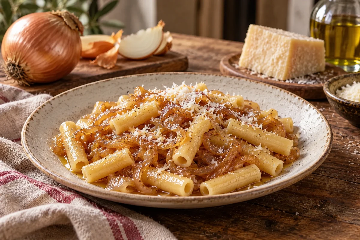 Ziti coated in the amber onion sauce of Genovese napoletana.