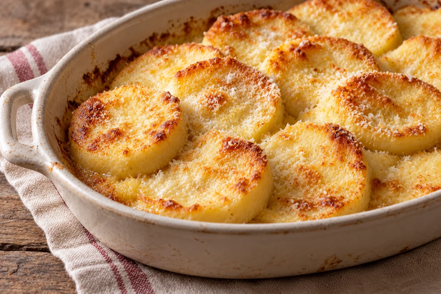 Golden semolina discs baked in a shallow dish.