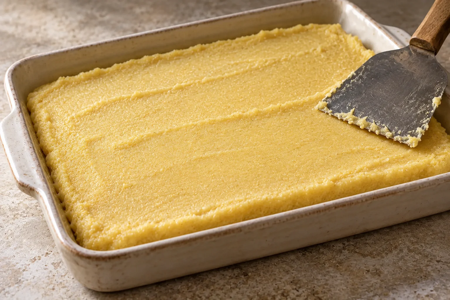 Leveling cooked semolina into an even slab before it cools.