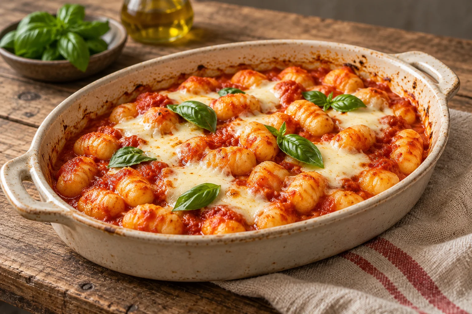 Potato gnocchi baked with tomato sauce, fiordilatte and basil.