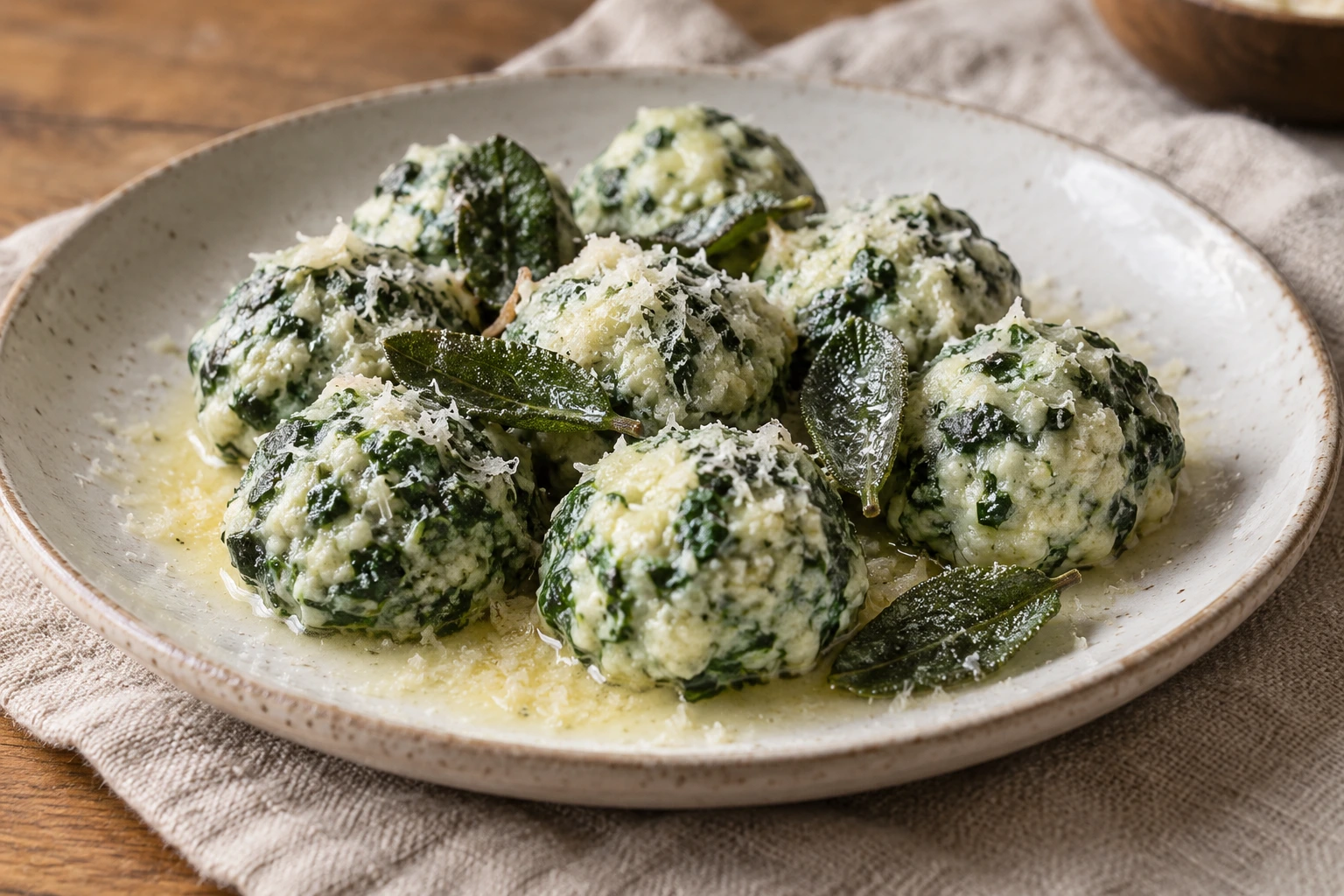 Handmade spinach and ricotta gnudi with melted butter, sage leaves and grated Parmigiano Reggiano.