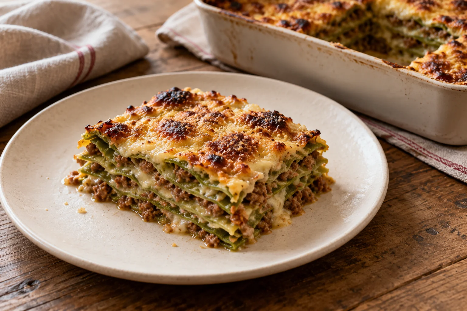 A portion of lasagne verdi with ragù, béchamel and a browned top