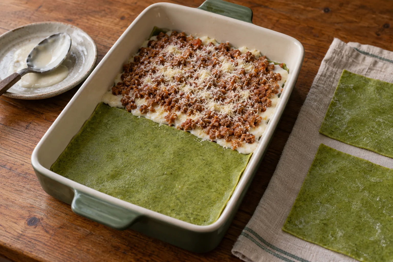 Thin green lasagne sheets fitted in a dish, partly covered with béchamel, ragù and Parmigiano
