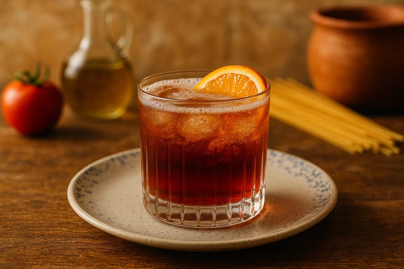 A Luciano cocktail in a faceted rocks glass, the deep mahogany blend of Fernet-Branca and Amaro Averna lifted by Prosecco, an orange half wheel resting on the ice.