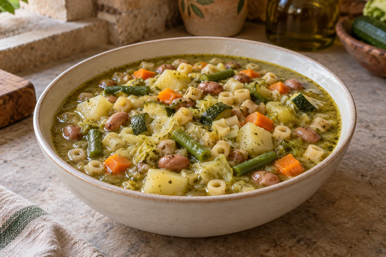 Genoese minestrone with vegetables, borlotti beans and ditalini