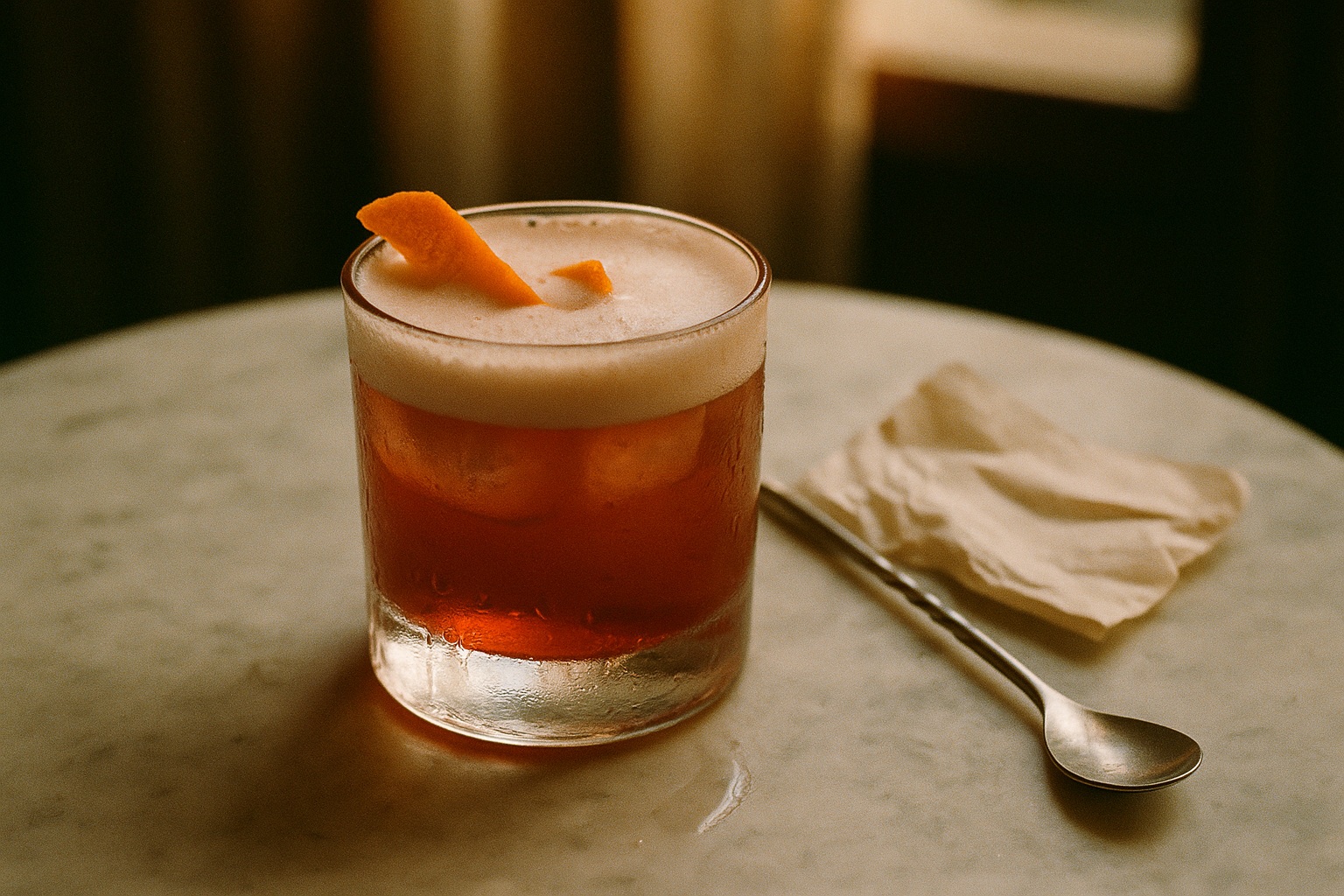 A Negroni Sour in a rocks glass, its ruby red body capped with silky white foam and an orange twist, set on a ceramic plate with lemons and a cruet of olive oil behind.