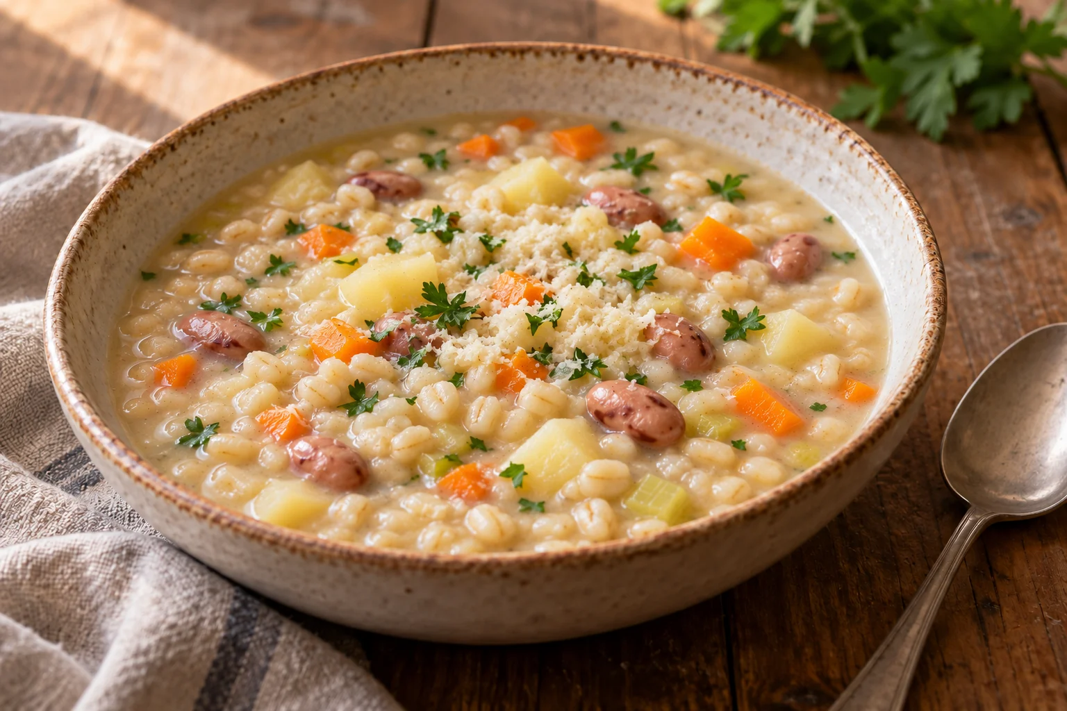 Creamy pearl-barley soup with borlotti beans, potatoes, carrots and parsley