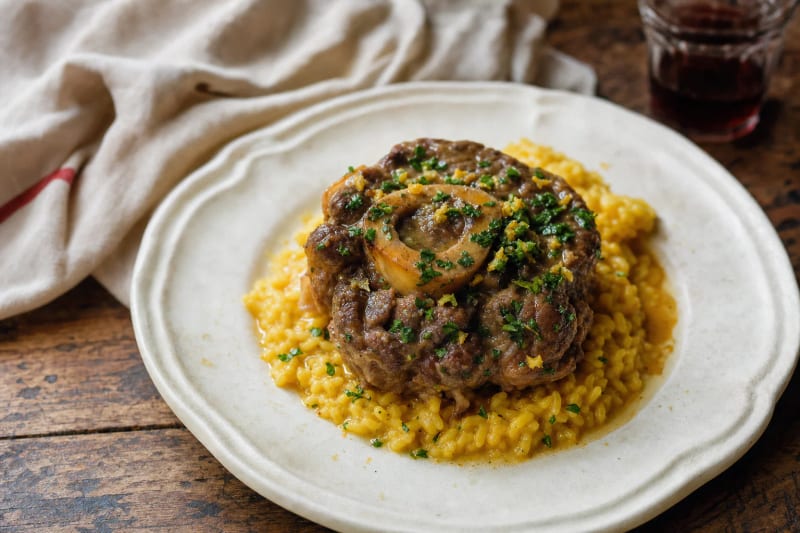 Ossobuco alla milanese on saffron risotto, the braised shank crowned with bright gremolada around its marrow bone, red wine beside on worn wood.