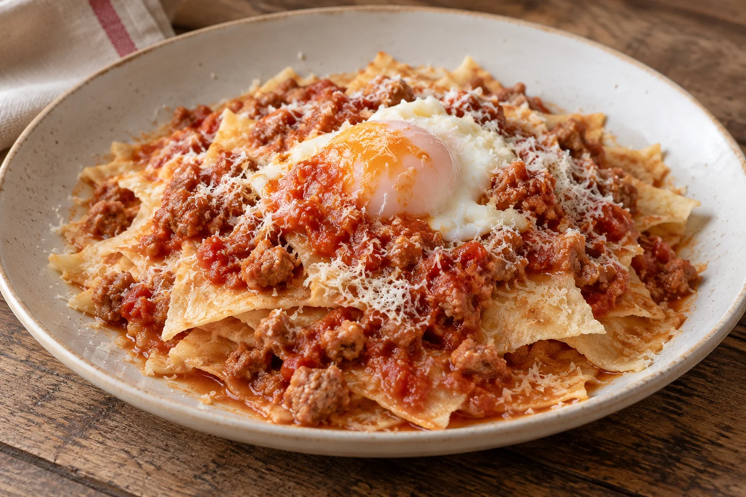 Pane frattau layered with sausage tomato sauce, sheep’s cheese and a poached egg