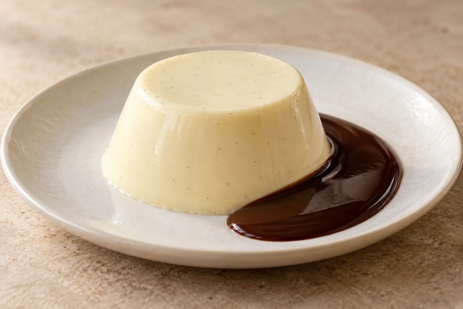 Vanilla panna cotta with chocolate sauce.