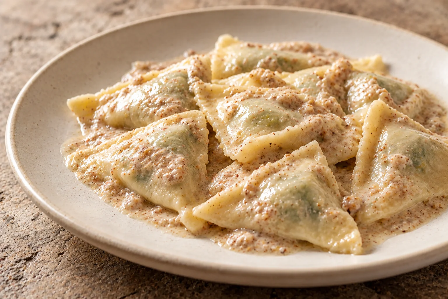 Herb-filled pansoti with walnut sauce.