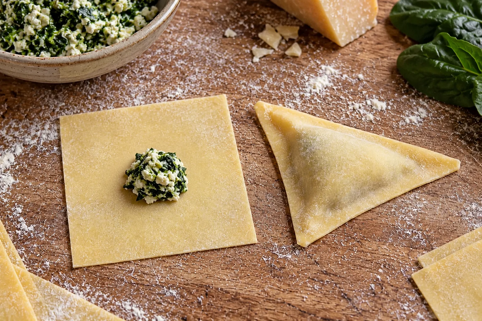 Un quadrato di pasta con ripieno accanto a un pansoto triangolare sigillato.