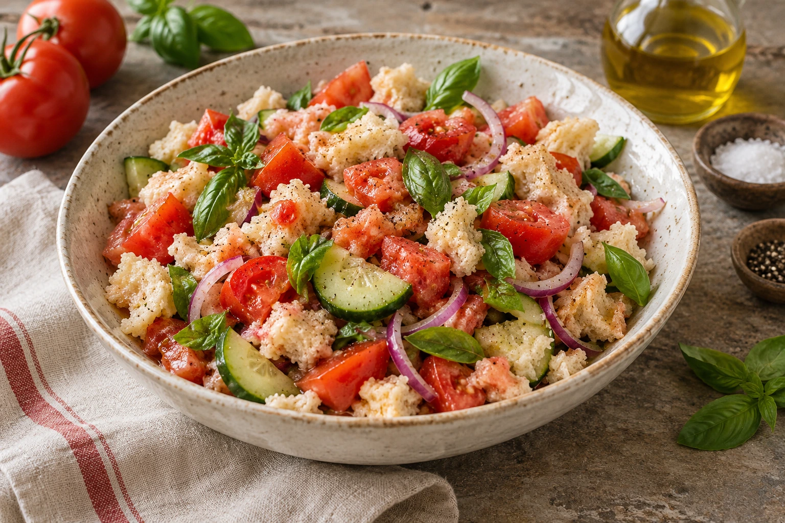 Tuscan panzanella with soft crumbled bread, ripe tomatoes, cucumber slices, red onion and fresh basil.