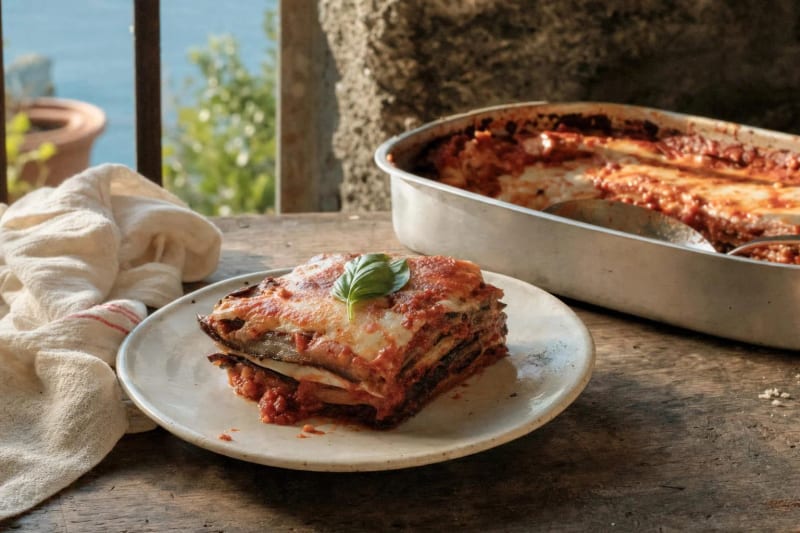 Parmigiana di melanzane standing in a clean square on a small plate with a basil leaf, the baking dish behind and the Gulf light past the stone sill.