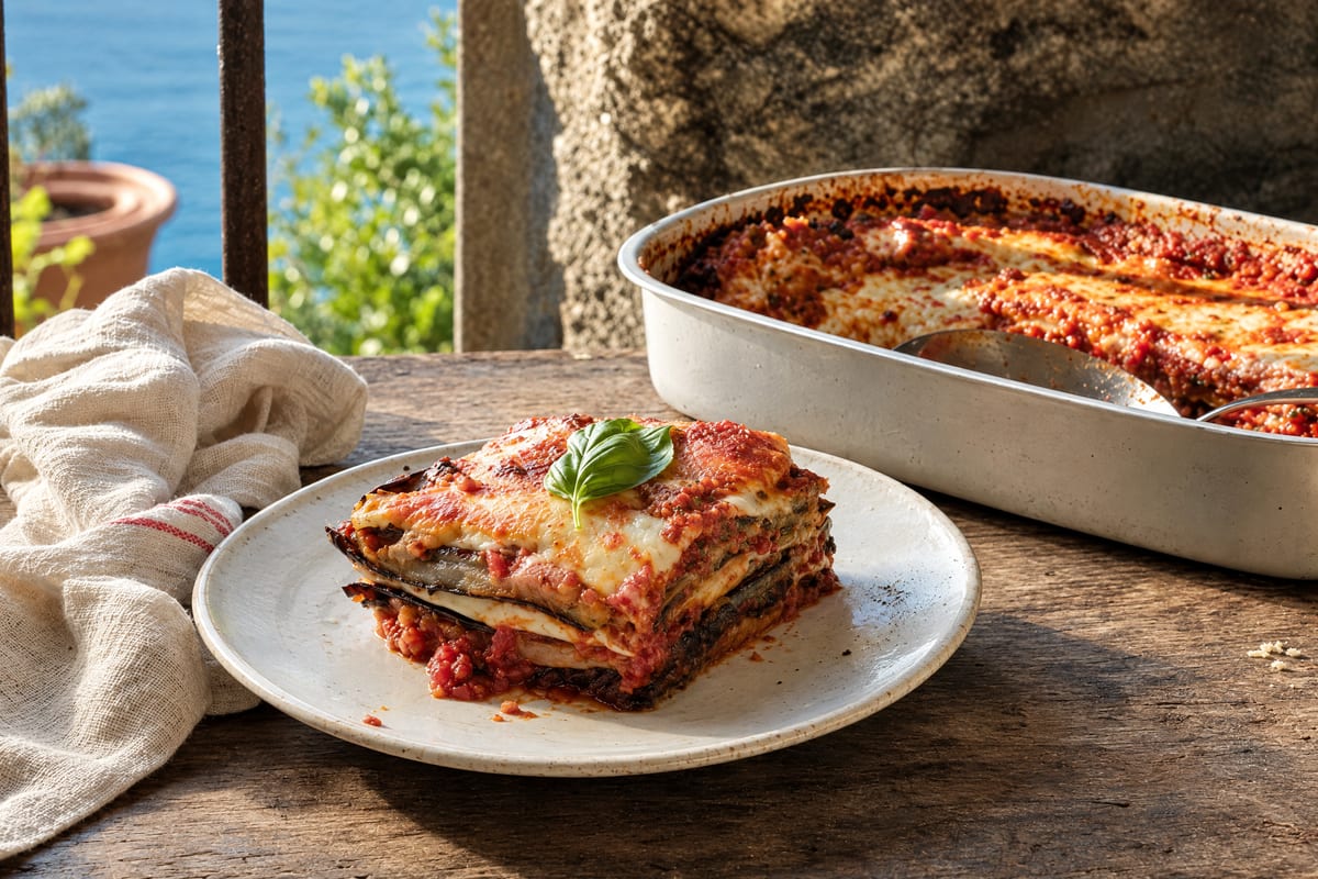 Parmigiana di melanzane standing in a clean square on a small plate with a basil leaf, the baking dish behind and the Gulf light past the stone sill.
