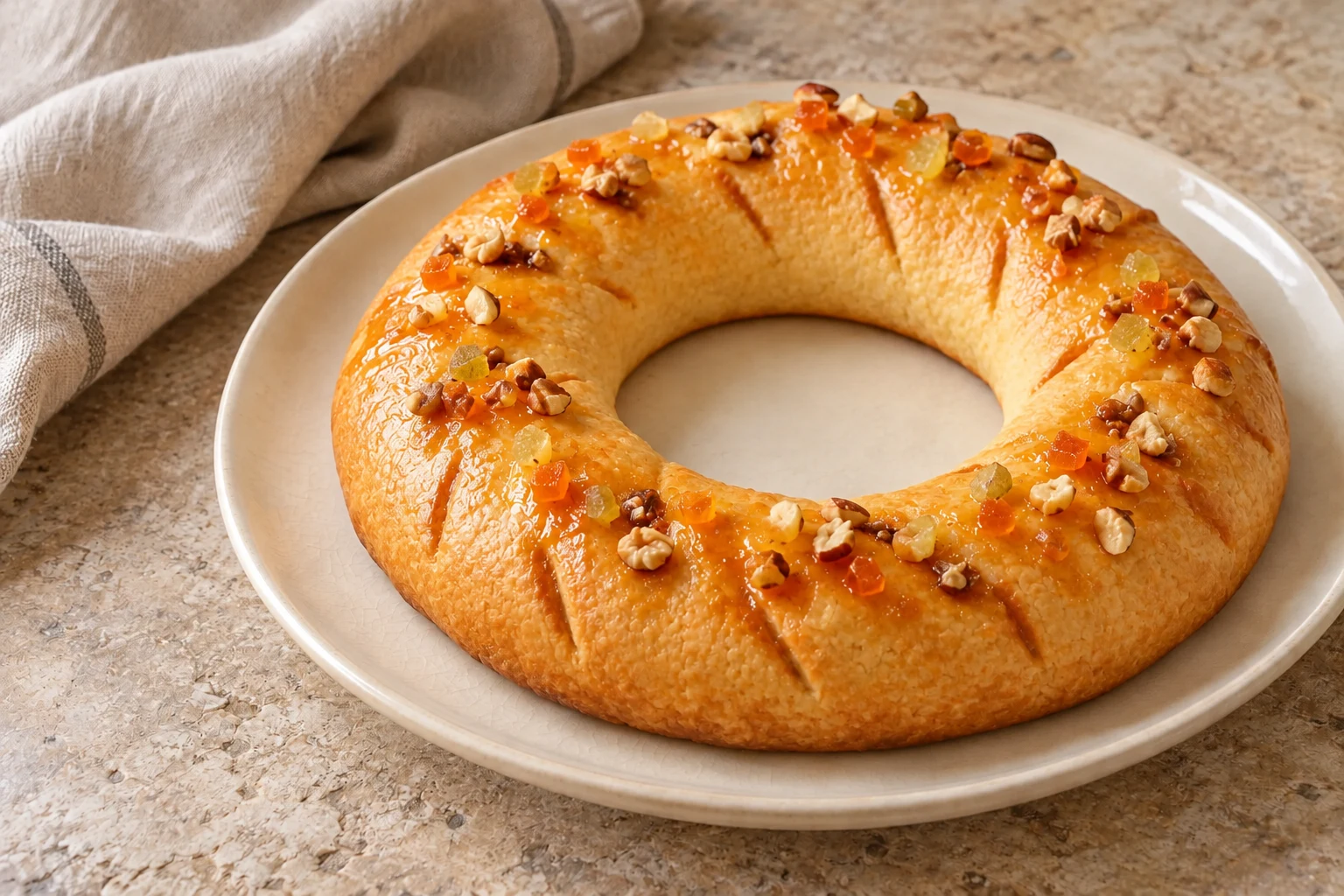 Golden buccellato pastry ring with a thin glaze, candied citrus and chopped nuts on a ceramic platter