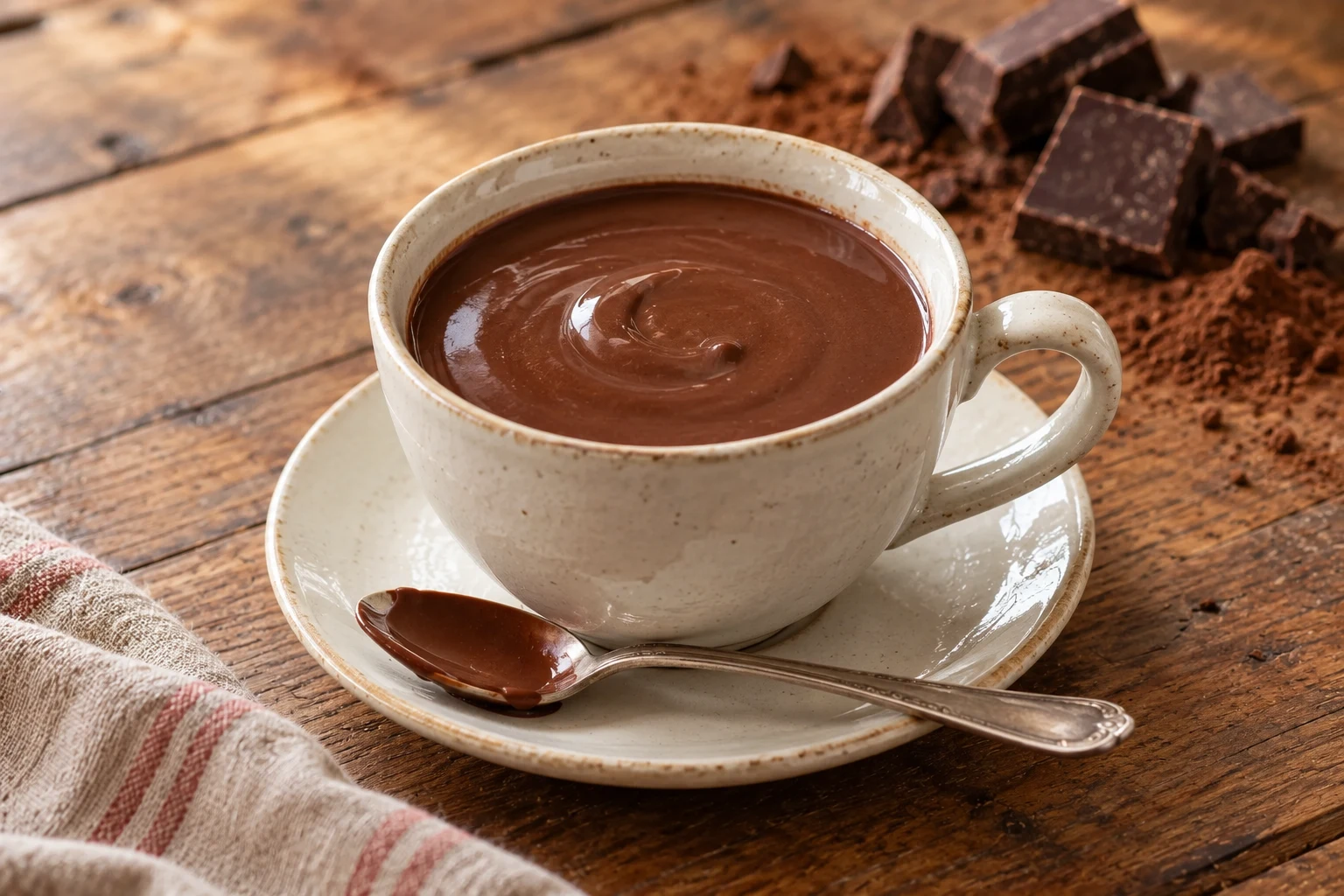 Thick hot chocolate in a ceramic cup with a chocolate-coated teaspoon on the saucer