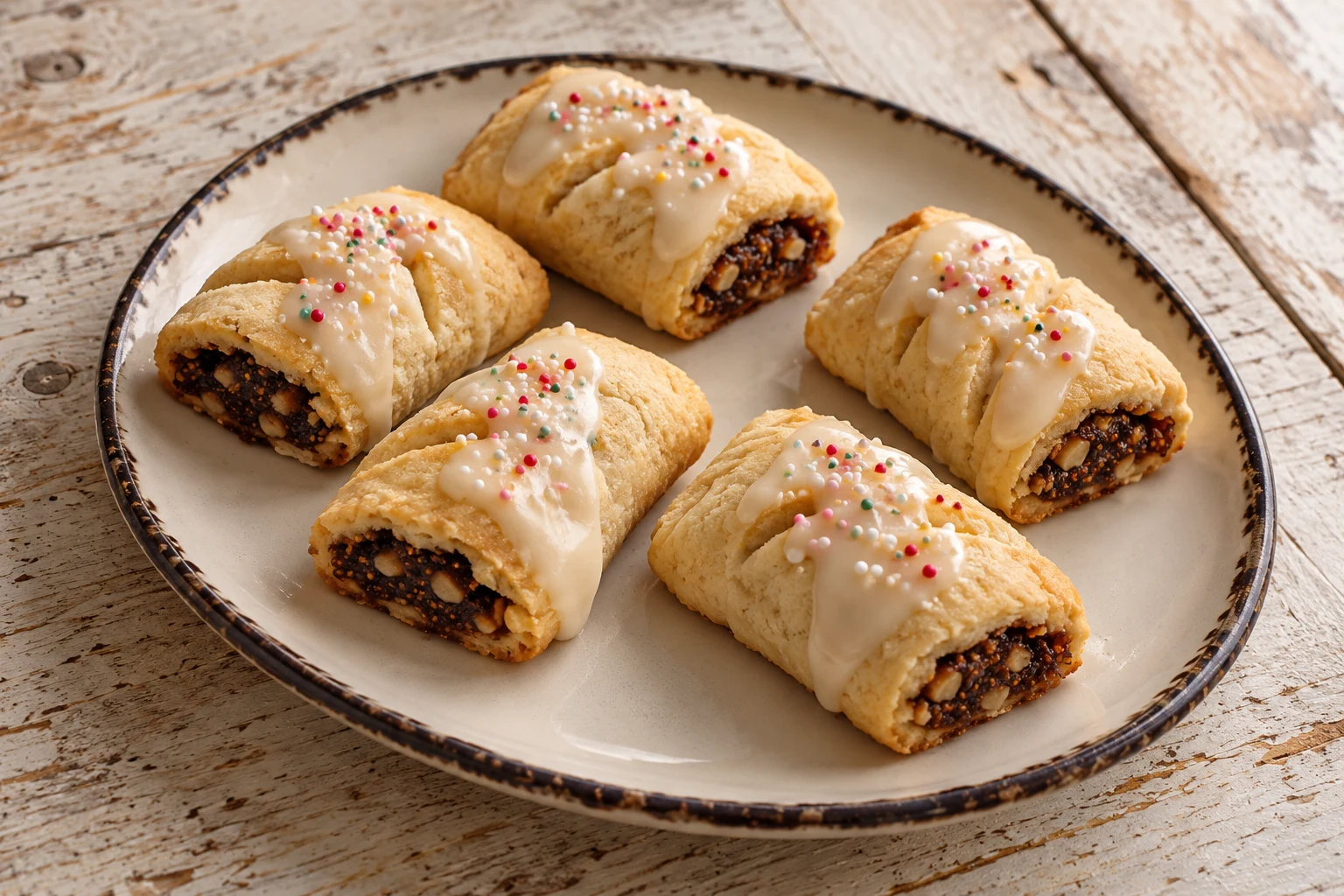 Glazed cuccidati on a ceramic plate with dark fig and nut filling visible at the ends