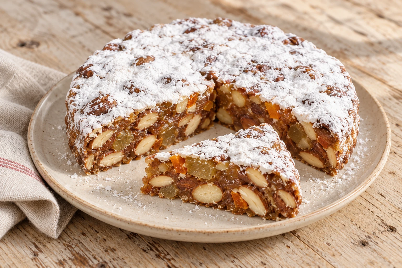 White-dusted panforte with whole almonds and candied citrus, with a cut wedge on a ceramic plate