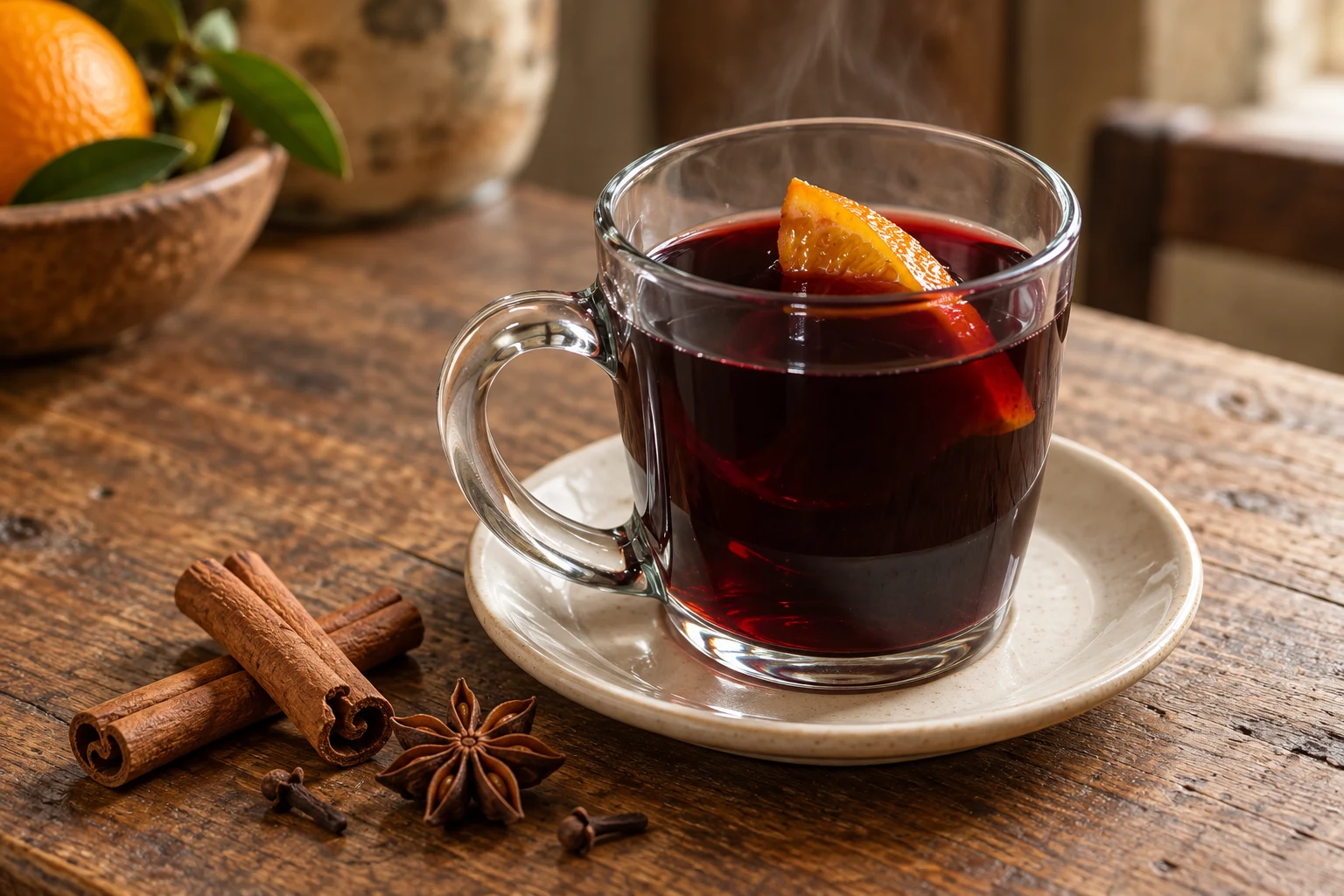 Dark red vin brulè in a handled glass mug with orange, beside cinnamon and star anise