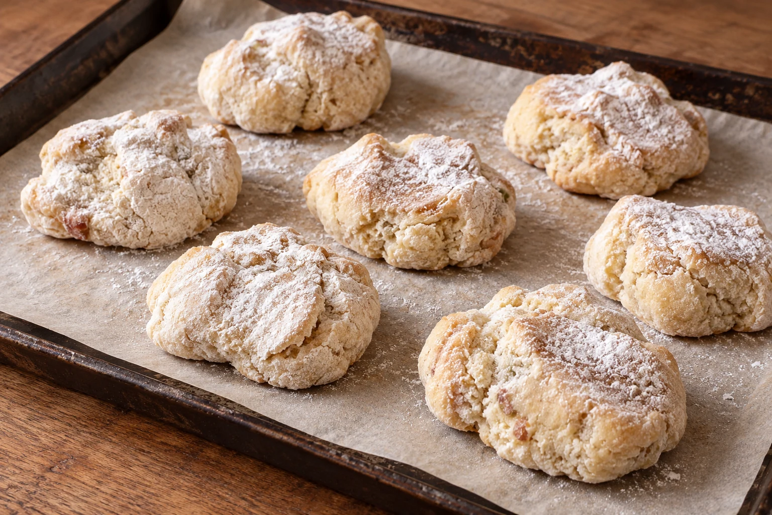 Pale, flour-dusted cavallucci with irregular folds on a paper-lined baking tray