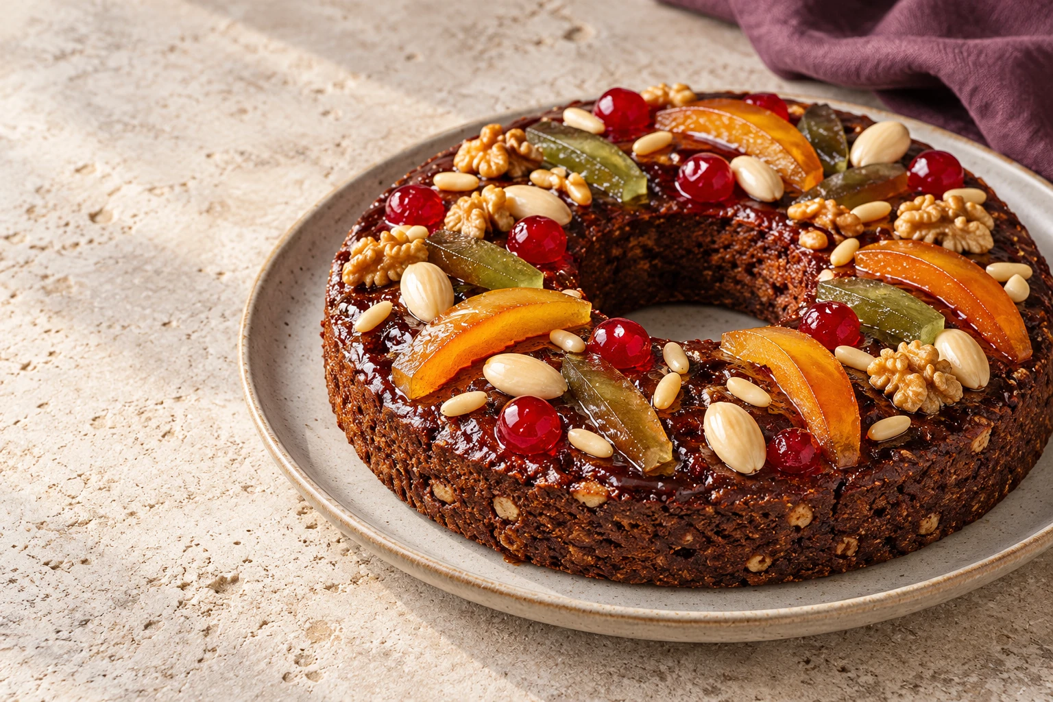 A low dark ring-shaped certosino with candied orange and citron, red cherries, almonds, pine nuts and walnuts on a glossy honey-brushed surface