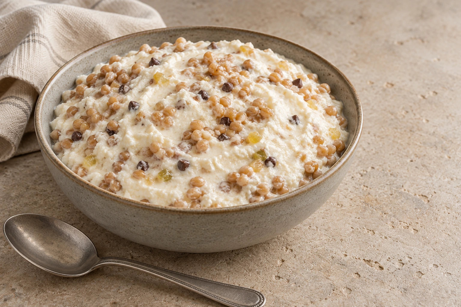 Cooked wheat in white ricotta cream with small chocolate and candied-pumpkin pieces in a ceramic bowl