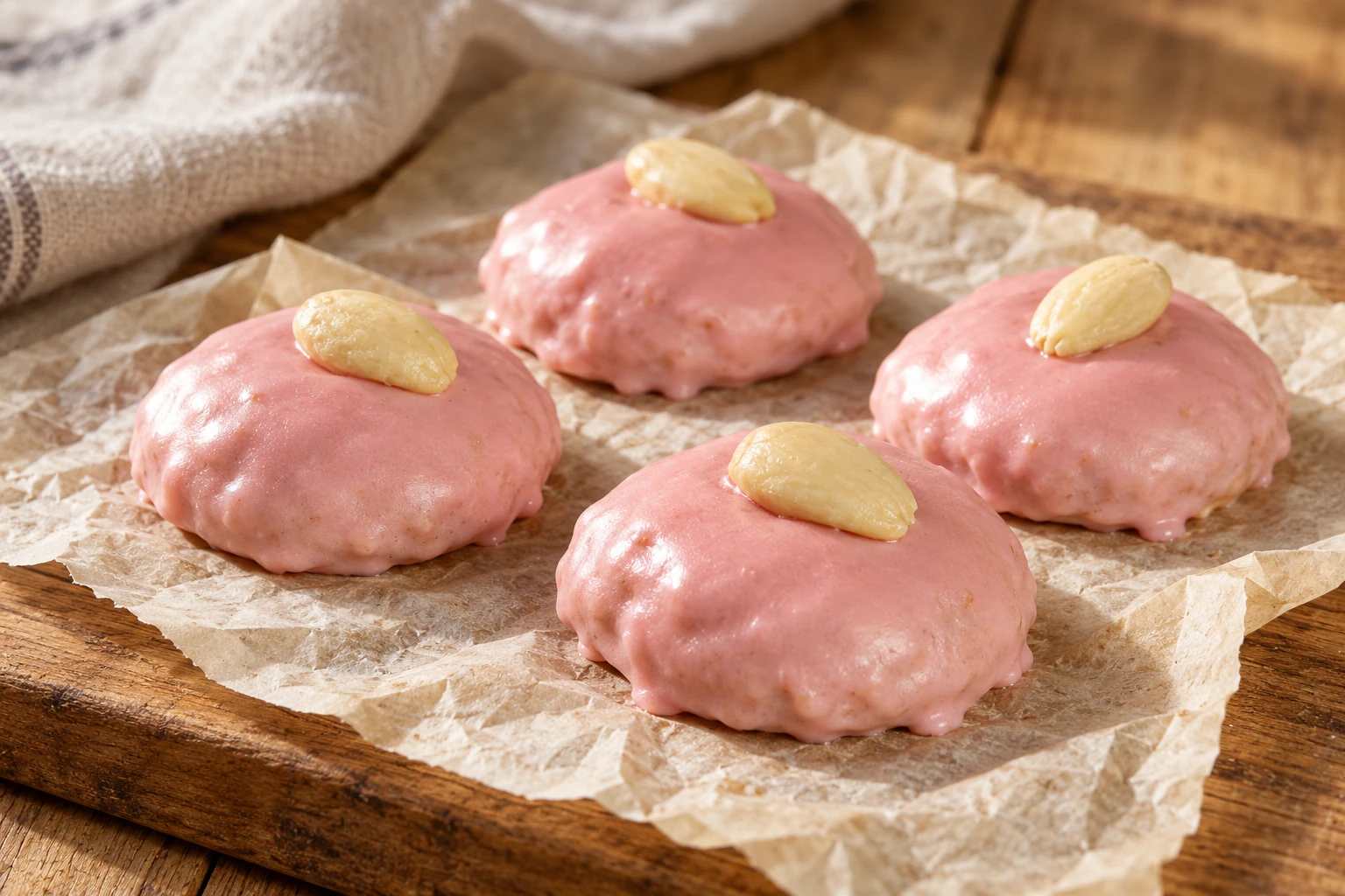 Pale pink Divino Amore pastries with blanched almond tops on parchment over a wooden board