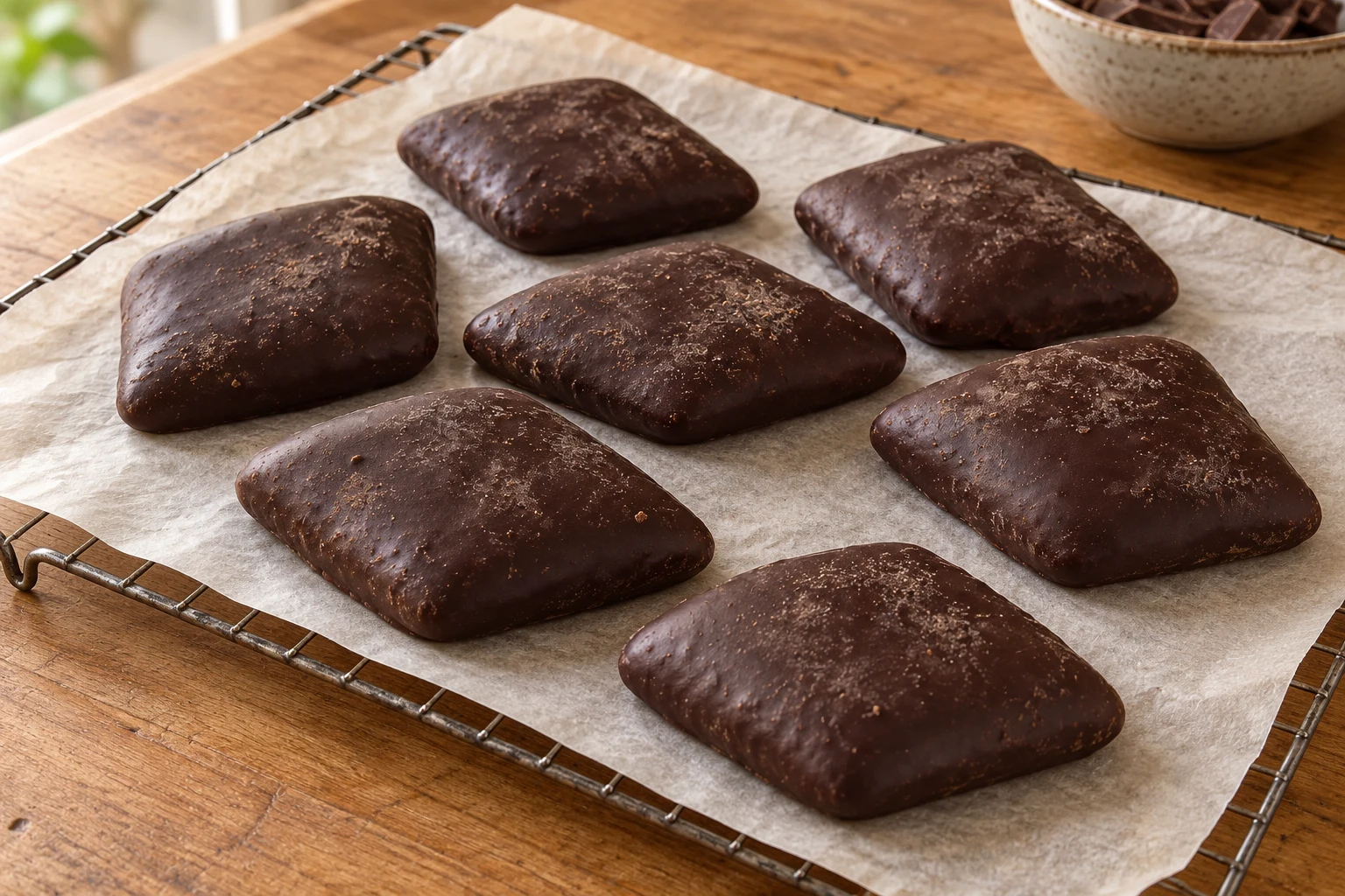 Dark-chocolate-coated mostaccioli diamonds on paper over a cooling rack