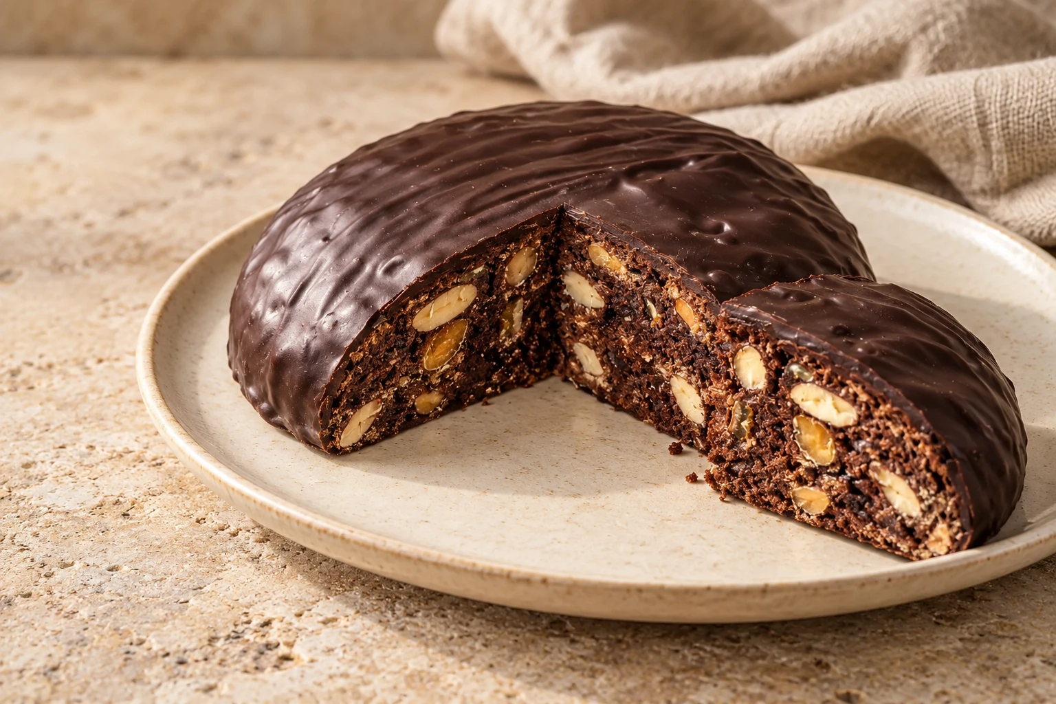 A chocolate-coated pampapato with a cut piece showing cocoa crumb, almonds and candied citrus